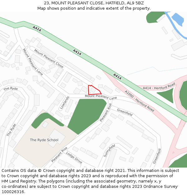 23, MOUNT PLEASANT CLOSE, HATFIELD, AL9 5BZ: Location map and indicative extent of plot