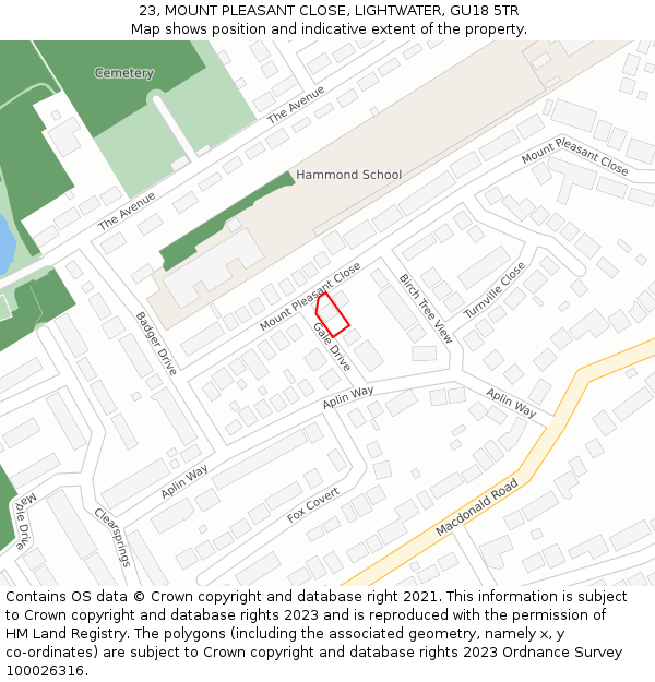 23, MOUNT PLEASANT CLOSE, LIGHTWATER, GU18 5TR: Location map and indicative extent of plot