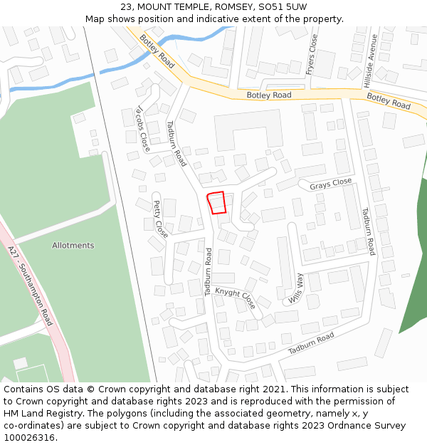 23, MOUNT TEMPLE, ROMSEY, SO51 5UW: Location map and indicative extent of plot