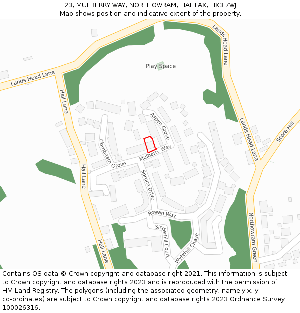 23, MULBERRY WAY, NORTHOWRAM, HALIFAX, HX3 7WJ: Location map and indicative extent of plot