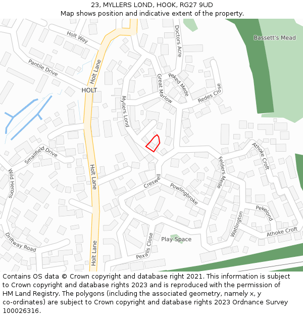 23, MYLLERS LOND, HOOK, RG27 9UD: Location map and indicative extent of plot