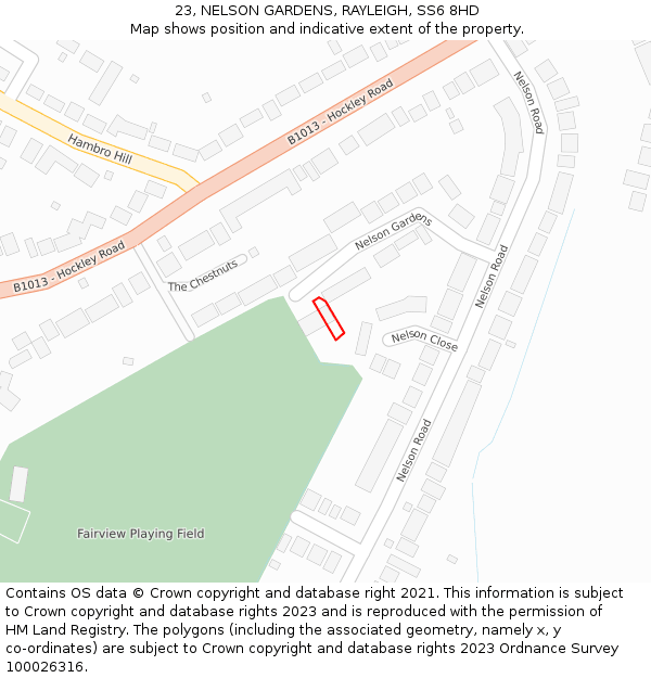 23, NELSON GARDENS, RAYLEIGH, SS6 8HD: Location map and indicative extent of plot