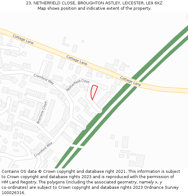 23, NETHERFIELD CLOSE, BROUGHTON ASTLEY, LEICESTER, LE9 6XZ: Location map and indicative extent of plot