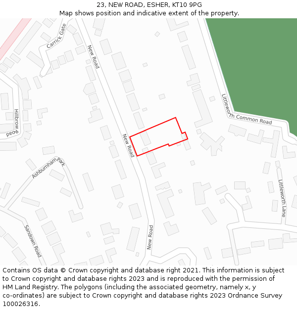 23, NEW ROAD, ESHER, KT10 9PG: Location map and indicative extent of plot
