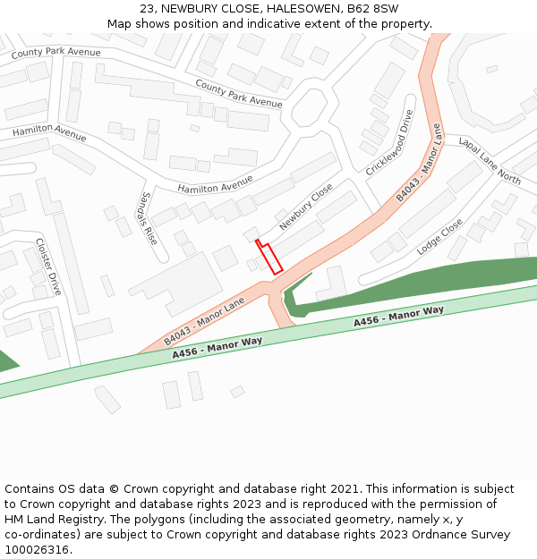 23, NEWBURY CLOSE, HALESOWEN, B62 8SW: Location map and indicative extent of plot