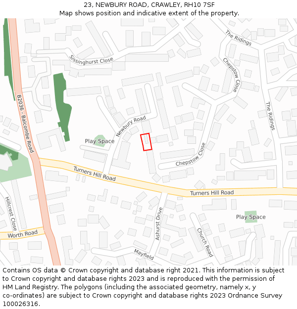 23, NEWBURY ROAD, CRAWLEY, RH10 7SF: Location map and indicative extent of plot