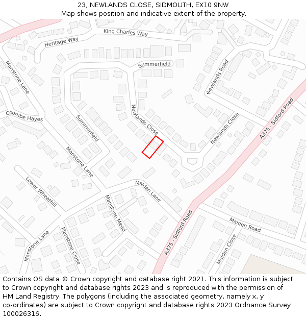 23, NEWLANDS CLOSE, SIDMOUTH, EX10 9NW: Location map and indicative extent of plot