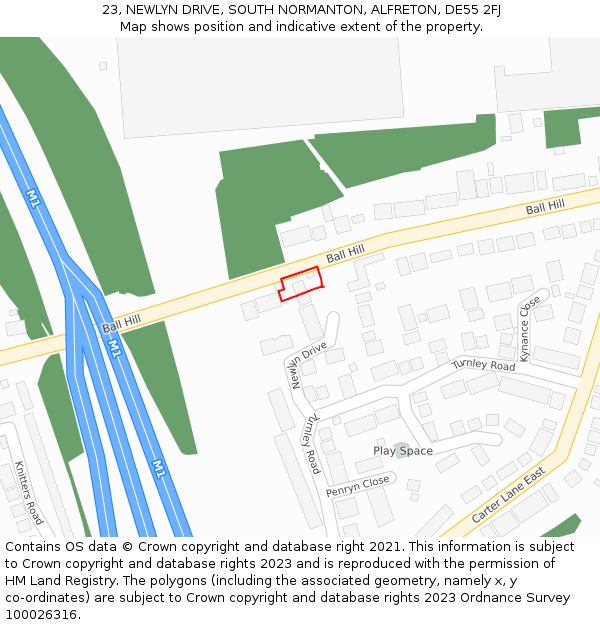 23, NEWLYN DRIVE, SOUTH NORMANTON, ALFRETON, DE55 2FJ: Location map and indicative extent of plot