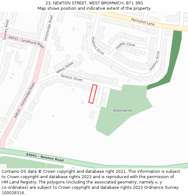 23, NEWTON STREET, WEST BROMWICH, B71 3RG: Location map and indicative extent of plot