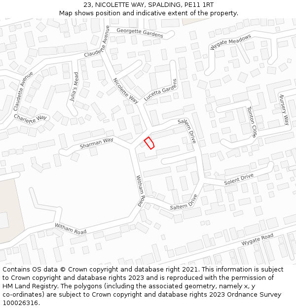 23, NICOLETTE WAY, SPALDING, PE11 1RT: Location map and indicative extent of plot