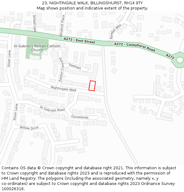 23, NIGHTINGALE WALK, BILLINGSHURST, RH14 9TY: Location map and indicative extent of plot