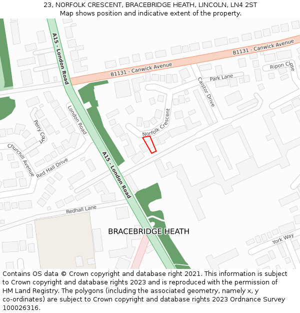 23, NORFOLK CRESCENT, BRACEBRIDGE HEATH, LINCOLN, LN4 2ST: Location map and indicative extent of plot