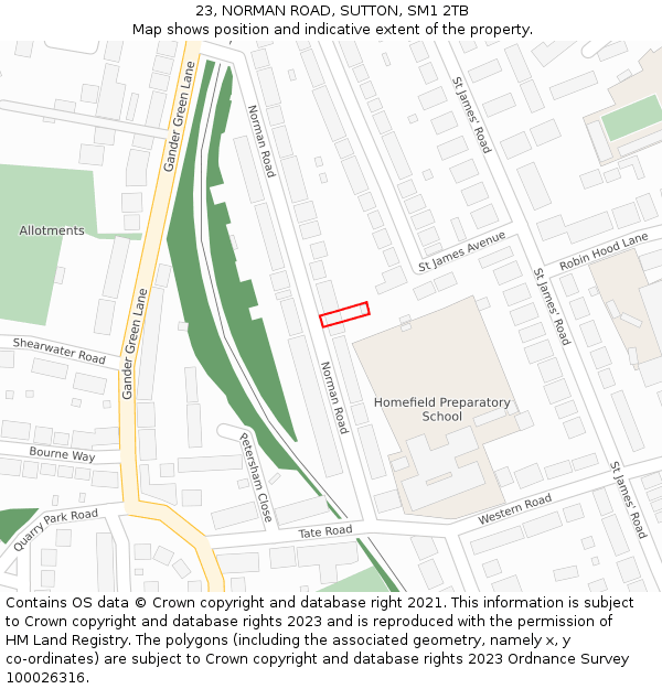 23, NORMAN ROAD, SUTTON, SM1 2TB: Location map and indicative extent of plot