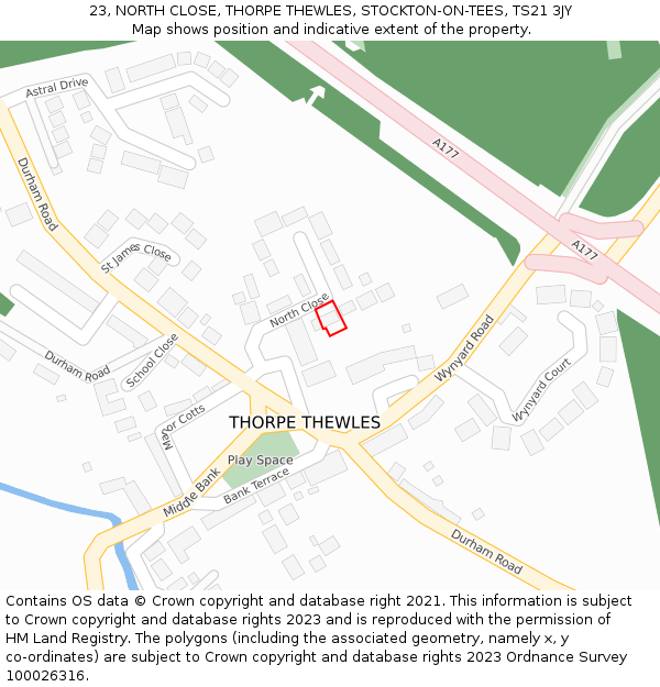 23, NORTH CLOSE, THORPE THEWLES, STOCKTON-ON-TEES, TS21 3JY: Location map and indicative extent of plot