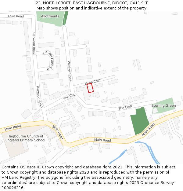 23, NORTH CROFT, EAST HAGBOURNE, DIDCOT, OX11 9LT: Location map and indicative extent of plot