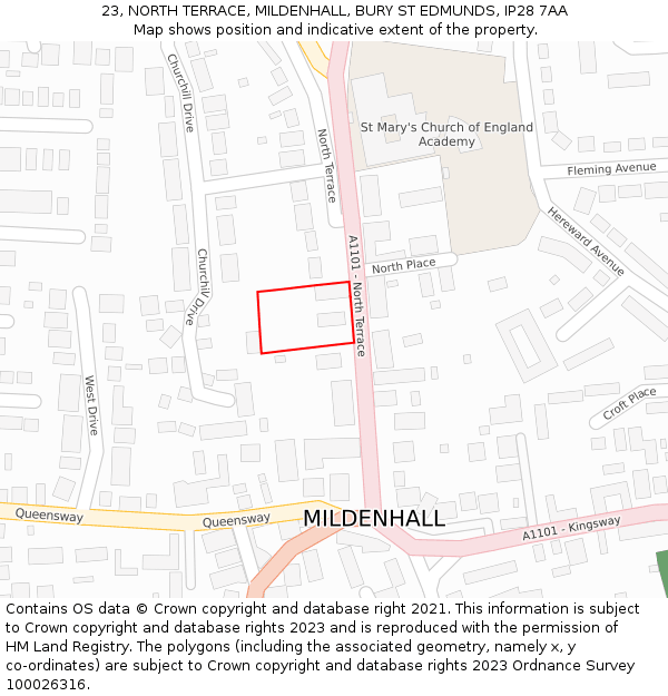 23, NORTH TERRACE, MILDENHALL, BURY ST EDMUNDS, IP28 7AA: Location map and indicative extent of plot