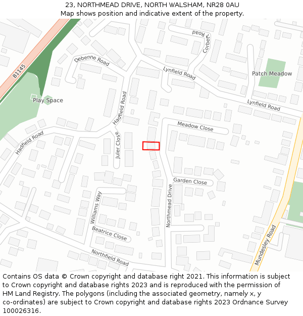 23, NORTHMEAD DRIVE, NORTH WALSHAM, NR28 0AU: Location map and indicative extent of plot