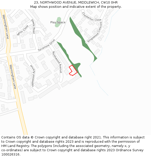 23, NORTHWOOD AVENUE, MIDDLEWICH, CW10 0HR: Location map and indicative extent of plot