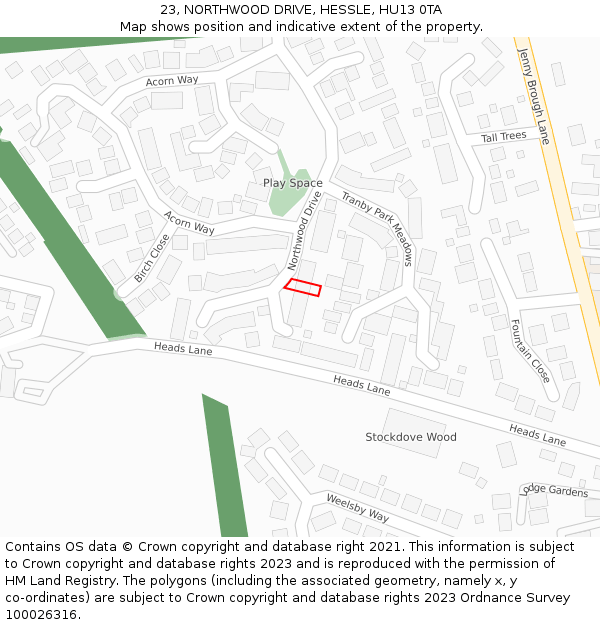 23, NORTHWOOD DRIVE, HESSLE, HU13 0TA: Location map and indicative extent of plot