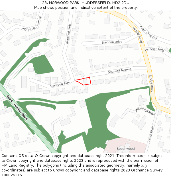 23, NORWOOD PARK, HUDDERSFIELD, HD2 2DU: Location map and indicative extent of plot