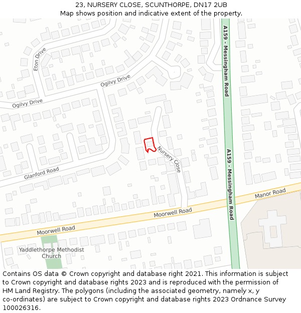 23, NURSERY CLOSE, SCUNTHORPE, DN17 2UB: Location map and indicative extent of plot