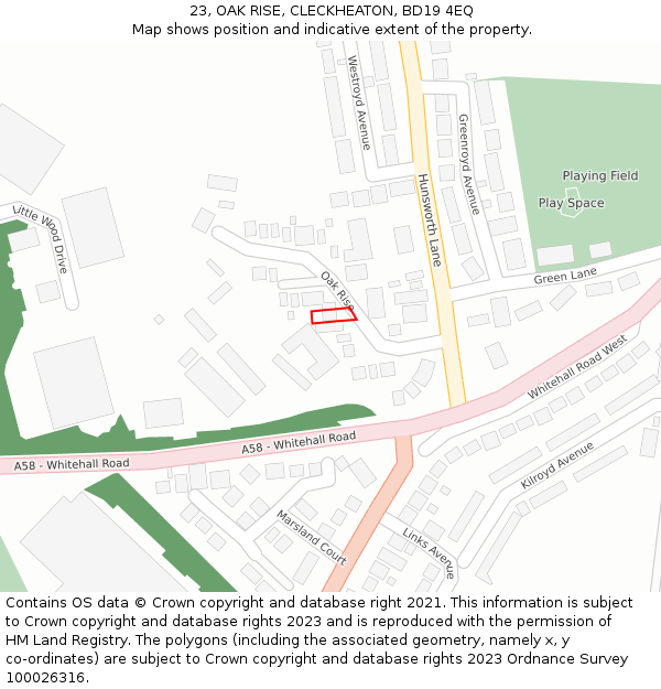 23, OAK RISE, CLECKHEATON, BD19 4EQ: Location map and indicative extent of plot