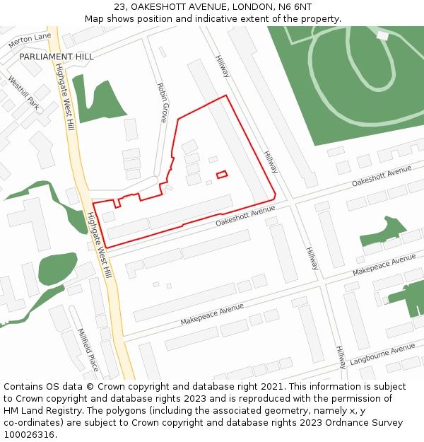 23, OAKESHOTT AVENUE, LONDON, N6 6NT: Location map and indicative extent of plot