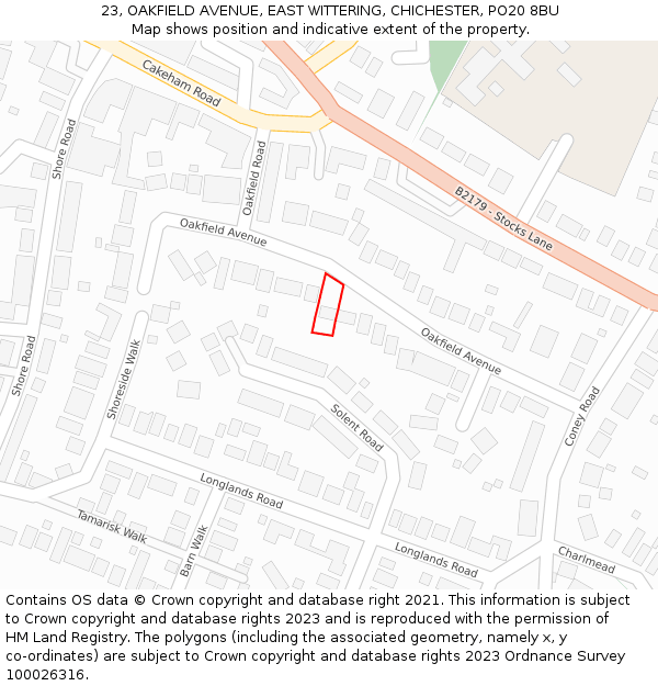 23, OAKFIELD AVENUE, EAST WITTERING, CHICHESTER, PO20 8BU: Location map and indicative extent of plot