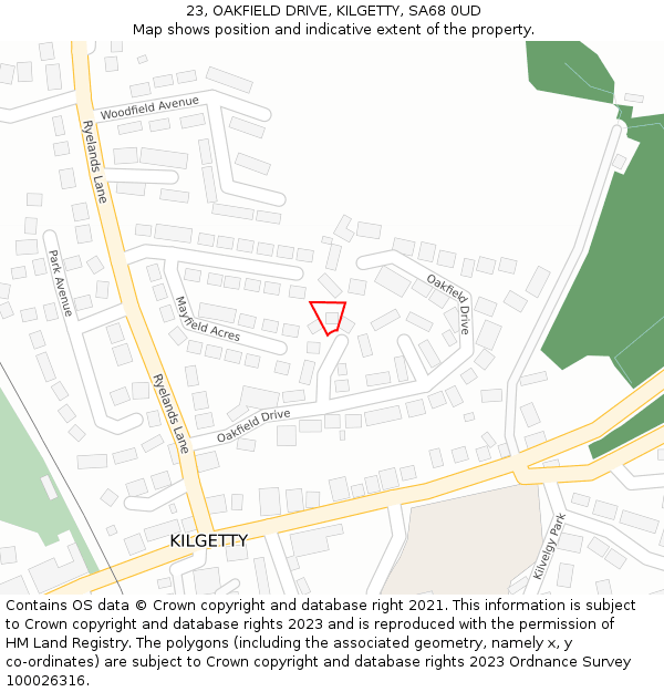 23, OAKFIELD DRIVE, KILGETTY, SA68 0UD: Location map and indicative extent of plot