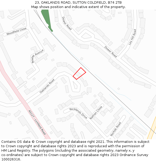 23, OAKLANDS ROAD, SUTTON COLDFIELD, B74 2TB: Location map and indicative extent of plot