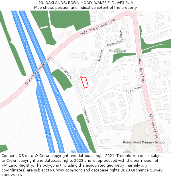 23, OAKLANDS, ROBIN HOOD, WAKEFIELD, WF3 3UA: Location map and indicative extent of plot