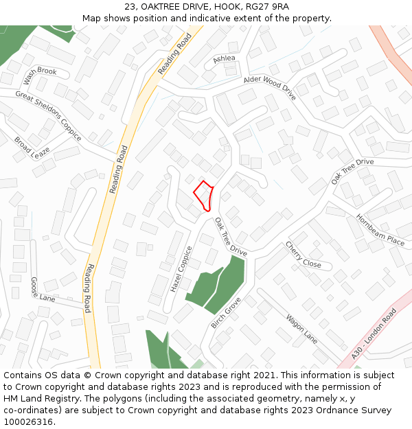 23, OAKTREE DRIVE, HOOK, RG27 9RA: Location map and indicative extent of plot