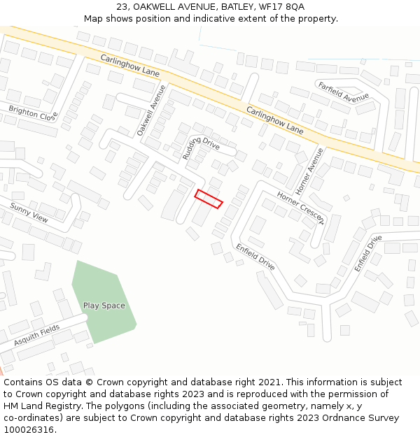 23, OAKWELL AVENUE, BATLEY, WF17 8QA: Location map and indicative extent of plot