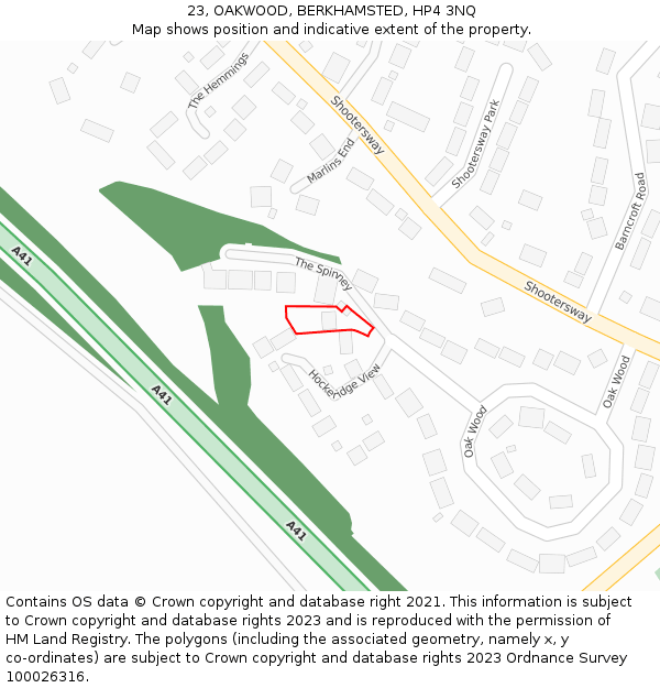 23, OAKWOOD, BERKHAMSTED, HP4 3NQ: Location map and indicative extent of plot