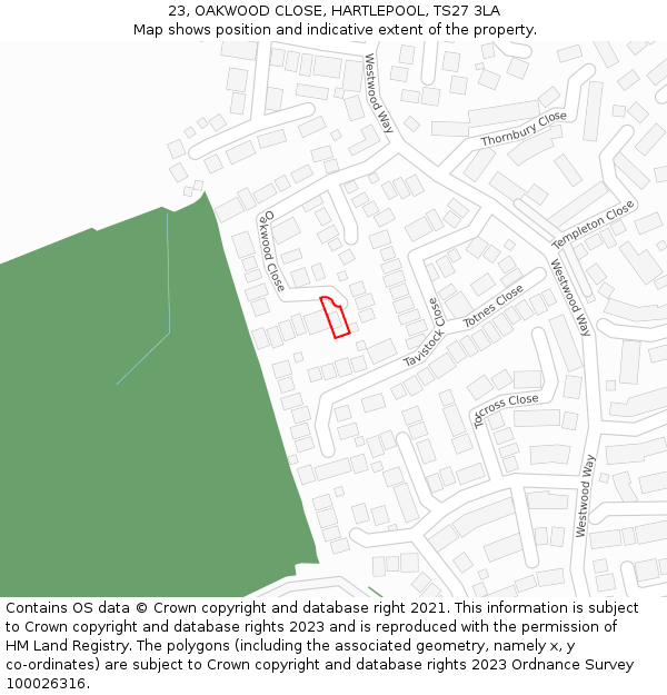 23, OAKWOOD CLOSE, HARTLEPOOL, TS27 3LA: Location map and indicative extent of plot