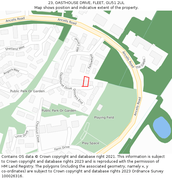23, OASTHOUSE DRIVE, FLEET, GU51 2UL: Location map and indicative extent of plot