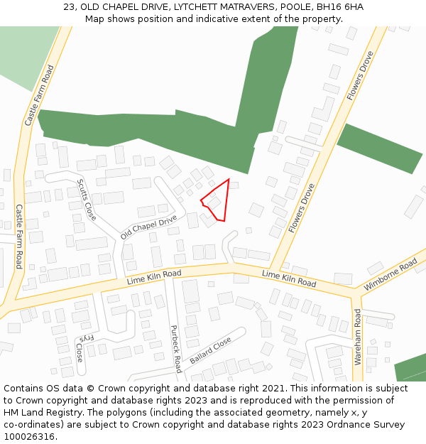 23, OLD CHAPEL DRIVE, LYTCHETT MATRAVERS, POOLE, BH16 6HA: Location map and indicative extent of plot