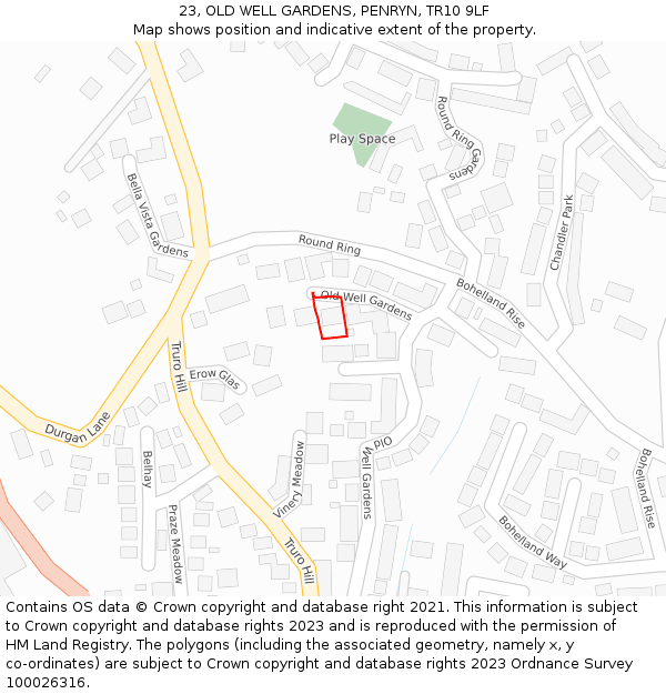 23, OLD WELL GARDENS, PENRYN, TR10 9LF: Location map and indicative extent of plot