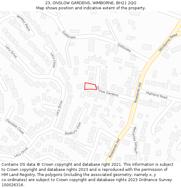 23, ONSLOW GARDENS, WIMBORNE, BH21 2QG: Location map and indicative extent of plot