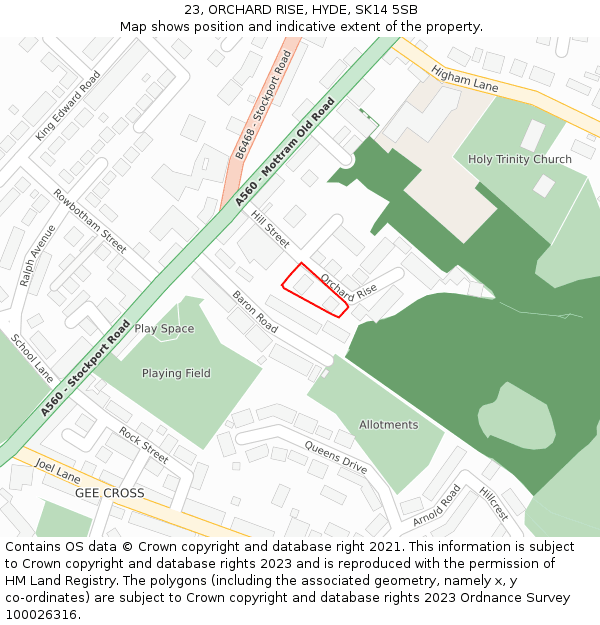 23, ORCHARD RISE, HYDE, SK14 5SB: Location map and indicative extent of plot