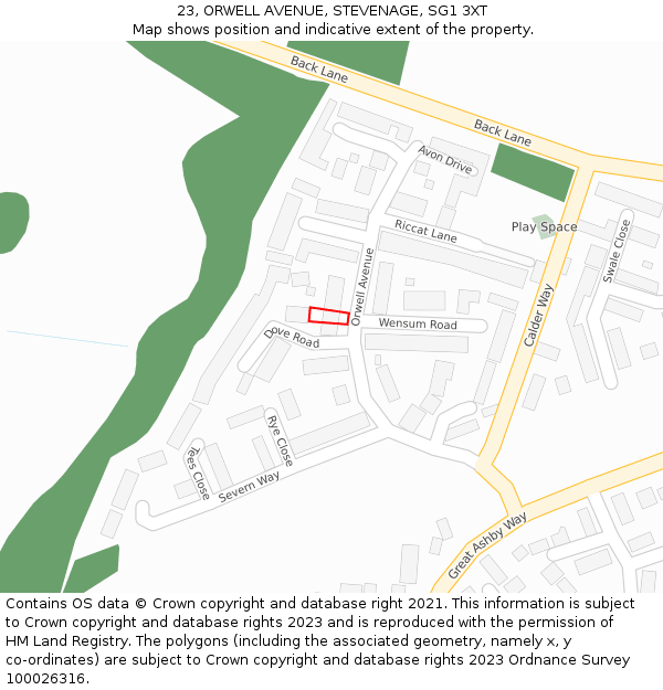 23, ORWELL AVENUE, STEVENAGE, SG1 3XT: Location map and indicative extent of plot