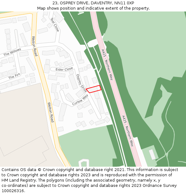 23, OSPREY DRIVE, DAVENTRY, NN11 0XP: Location map and indicative extent of plot