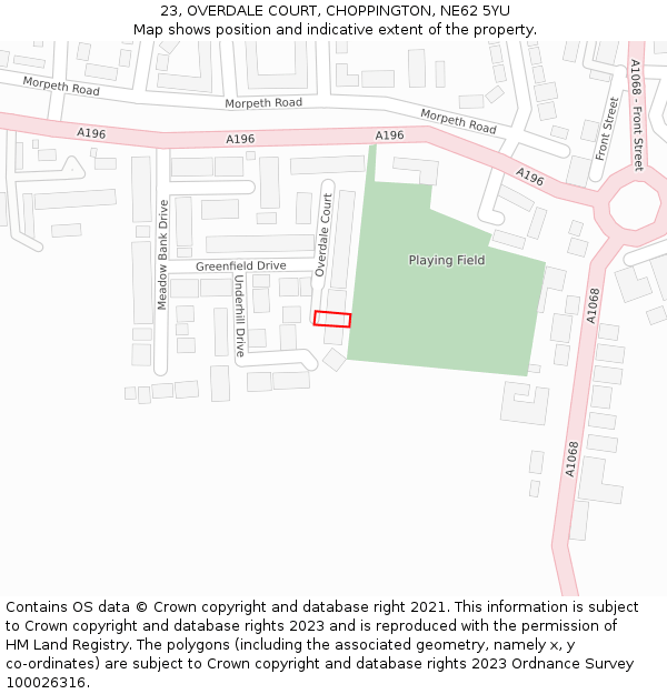 23, OVERDALE COURT, CHOPPINGTON, NE62 5YU: Location map and indicative extent of plot