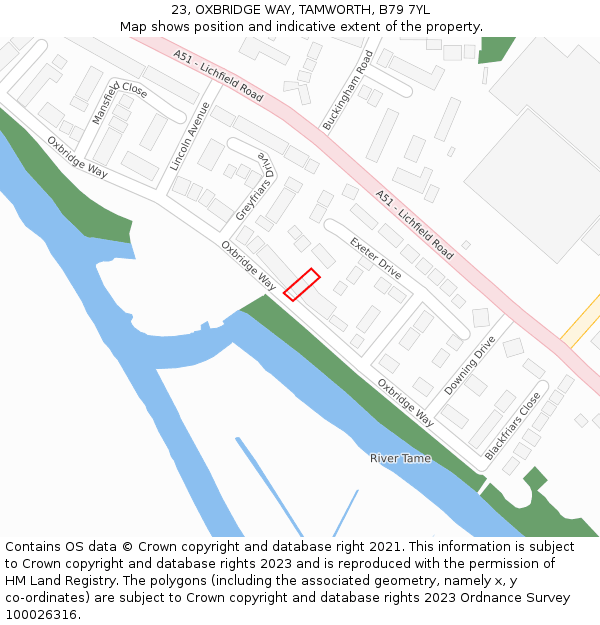 23, OXBRIDGE WAY, TAMWORTH, B79 7YL: Location map and indicative extent of plot