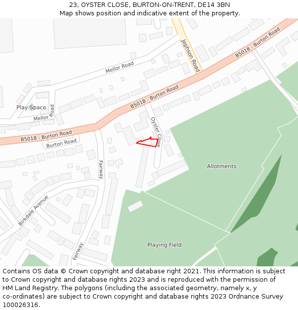 23, OYSTER CLOSE, BURTON-ON-TRENT, DE14 3BN: Location map and indicative extent of plot