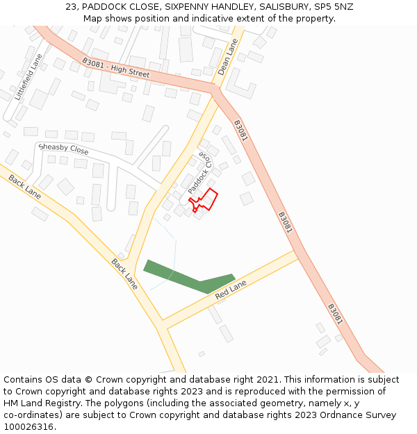 23, PADDOCK CLOSE, SIXPENNY HANDLEY, SALISBURY, SP5 5NZ: Location map and indicative extent of plot