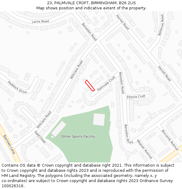 23, PALMVALE CROFT, BIRMINGHAM, B26 2US: Location map and indicative extent of plot