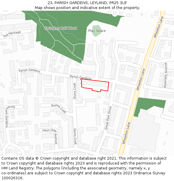 23, PARISH GARDENS, LEYLAND, PR25 3UF: Location map and indicative extent of plot