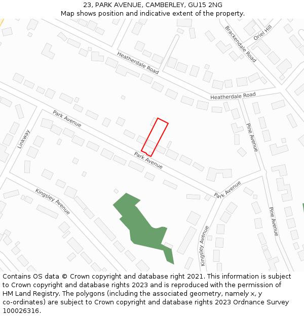 23, PARK AVENUE, CAMBERLEY, GU15 2NG: Location map and indicative extent of plot