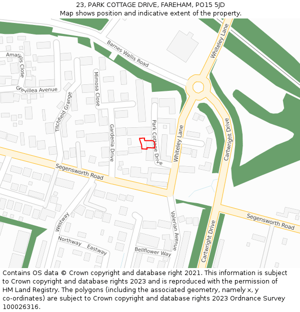 23, PARK COTTAGE DRIVE, FAREHAM, PO15 5JD: Location map and indicative extent of plot